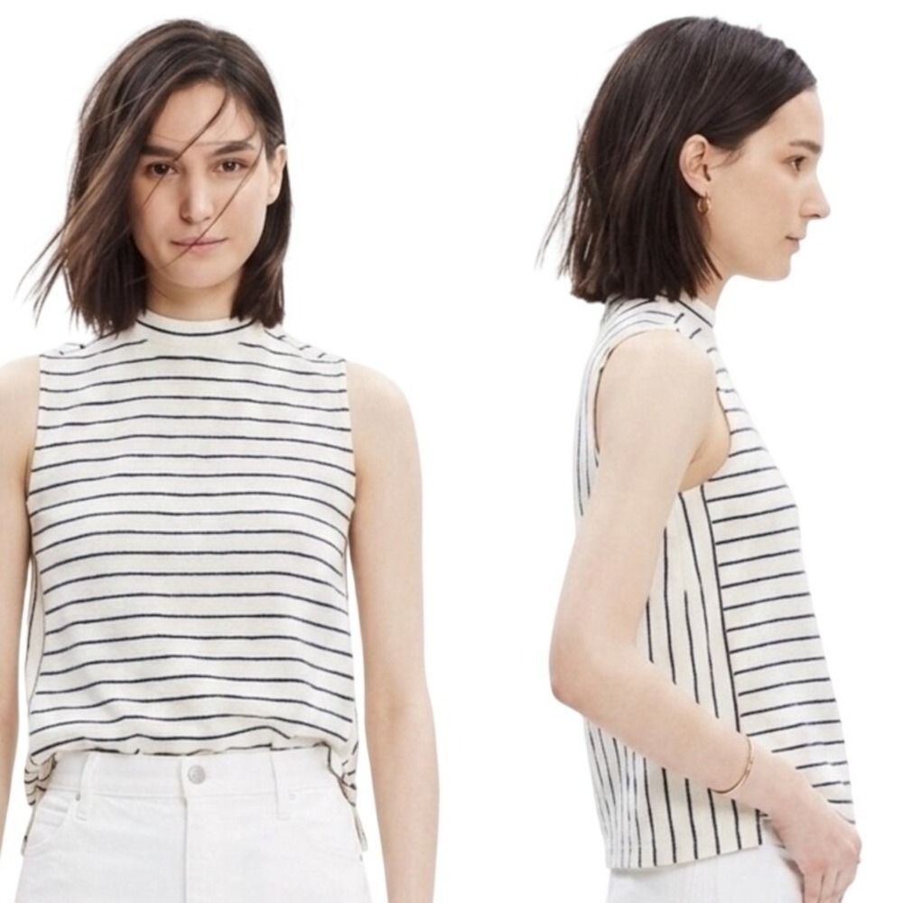 Madewell Striped Mock Neck Sleeveless Knit Top Cream Navy SMALL